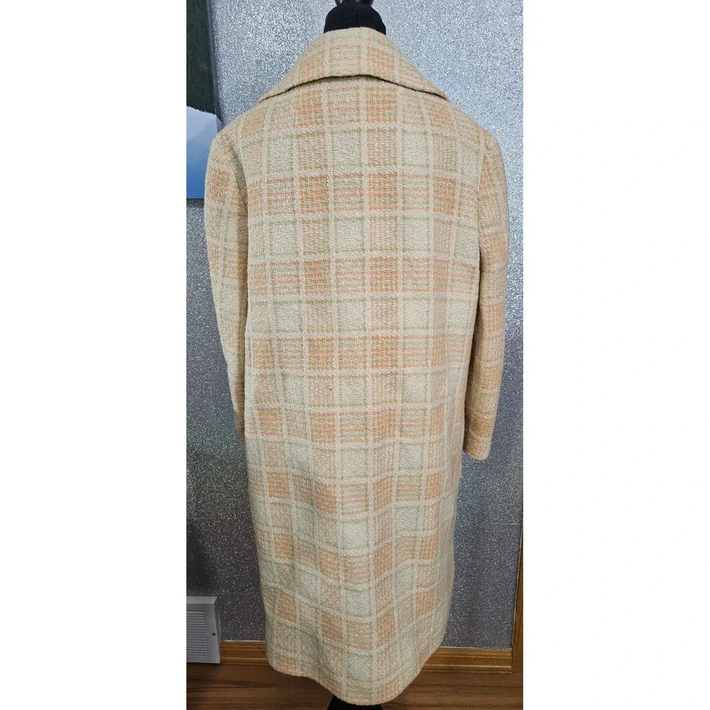 Vintage ILGWU Union Made Plaid Tweed Double Breasted Peacoat Orange‎ Green Cream